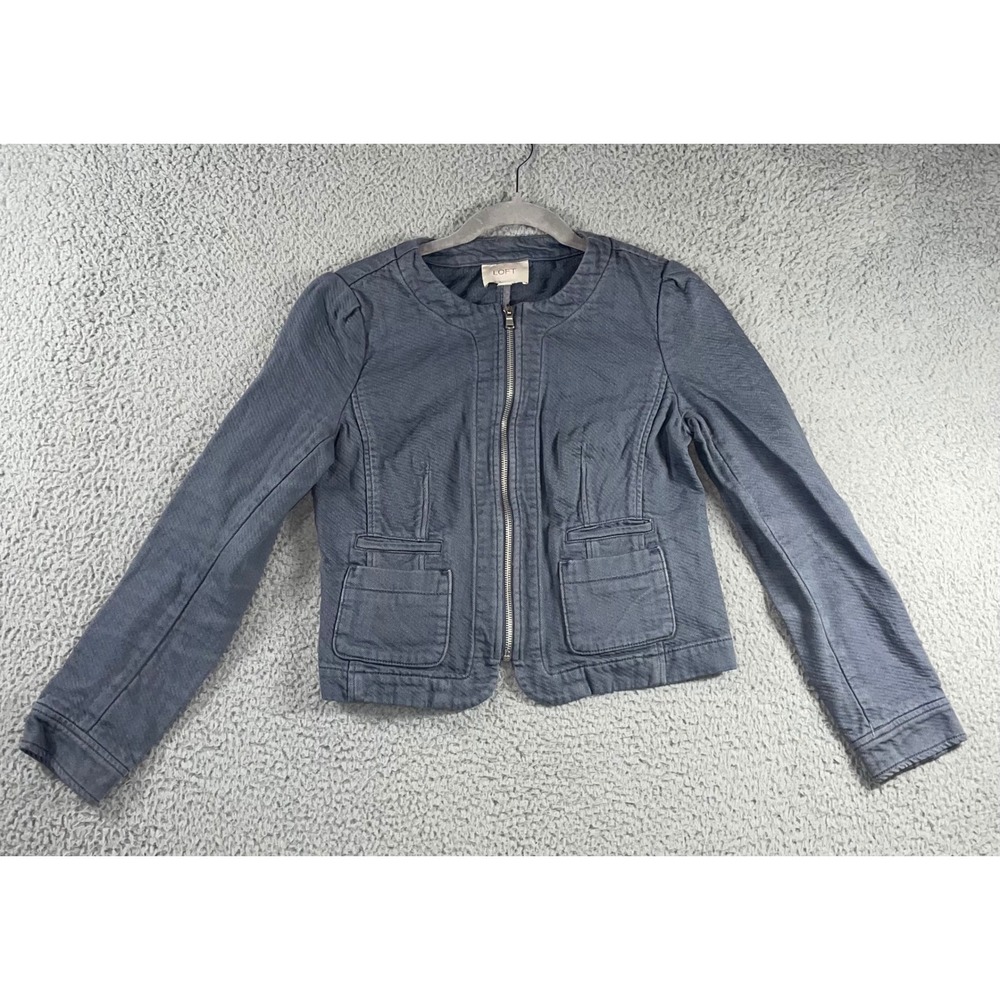 Loft Jacket Women 2 Full Zip Cropped Utility Blazer Blue Front Pocket Casual